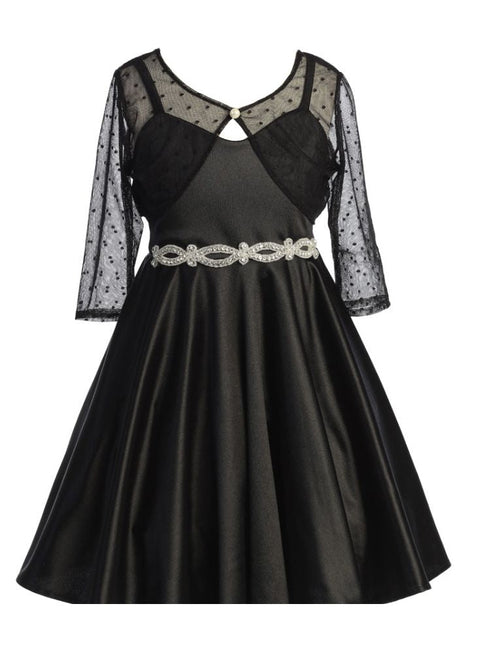 Just Kids Girls Satin Dress with Rhinestone Belt and Sheer Embroidered Bolero, Sizes 4-14 - SophiasStyle.com